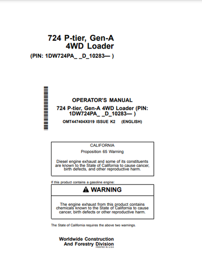 Access the John Deere 724 P Construction Loader operator manual. Find vital information to optimize your loader's functionality and ensure efficient operation.