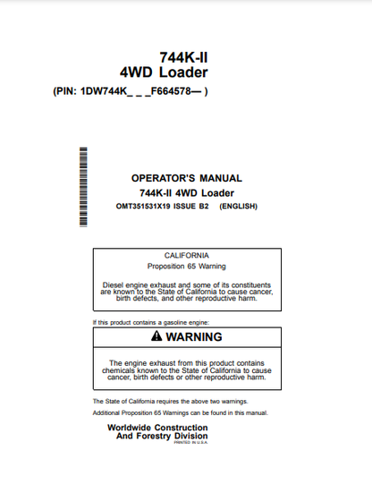 Access the detailed operator manual for the John Deere 744K Construction Loader OMT351531X19. Ensure optimal performance and safety in your operations.