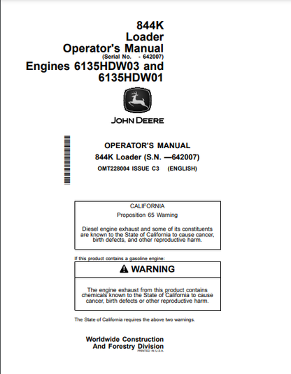 Access the John Deere 844K Construction Loader operator manual (OMT228004) for essential guidelines and tips to maximize performance and ensure safety.