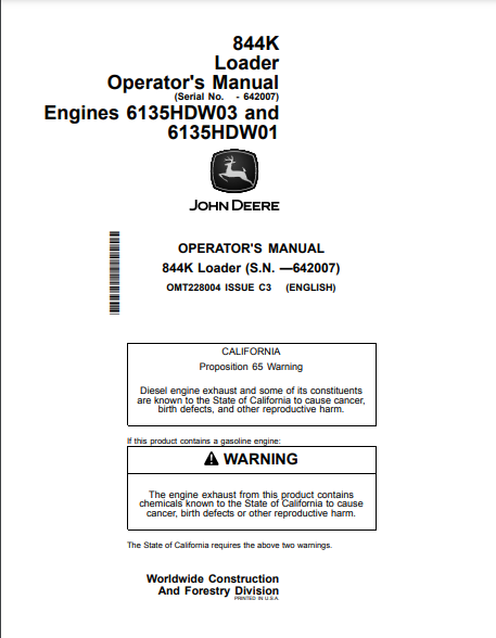 Access the John Deere 844K Construction Loader operator manual (OMT228004) for essential guidelines and tips to maximize performance and ensure safety.