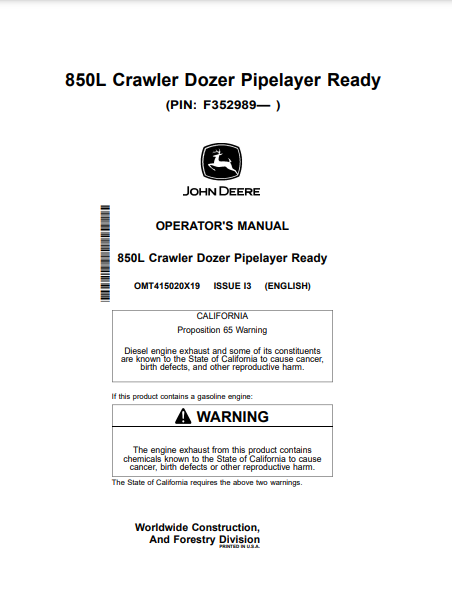 Access the John Deere 850L Construction Crawler Dozer operator manual. Find vital information to optimize your dozer's operation and maintenance effectively.