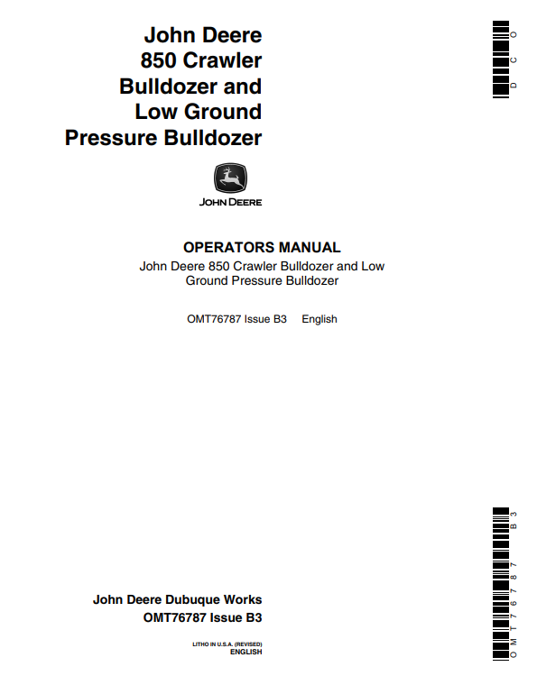  Explore the detailed operator manual for John Deere 850 Series Construction Crawlers (OMT76787). Ensure safe and effective operation of your equipment with expert guidance.
