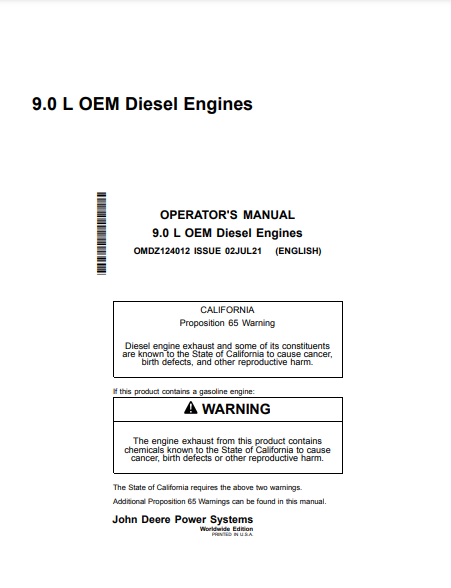  Access the detailed operator manual for the John Deere 9.0L, 6090 Construction Engine OMDZ124012. Ensure optimal operation and maintenance of your machinery.