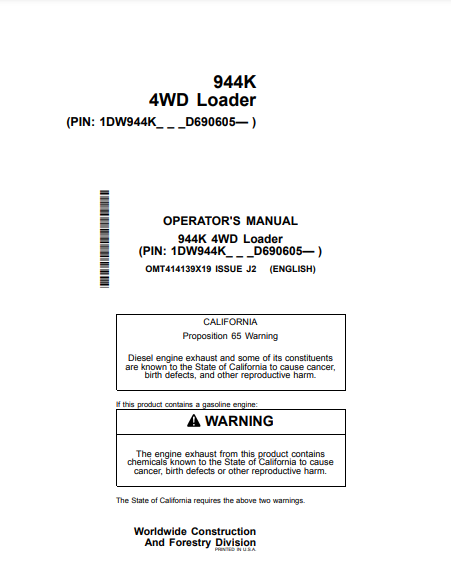 Access the John Deere 944K Construction Loader operator manual (OMT414139X19) for detailed instructions and maintenance tips to enhance your equipment's efficiency.