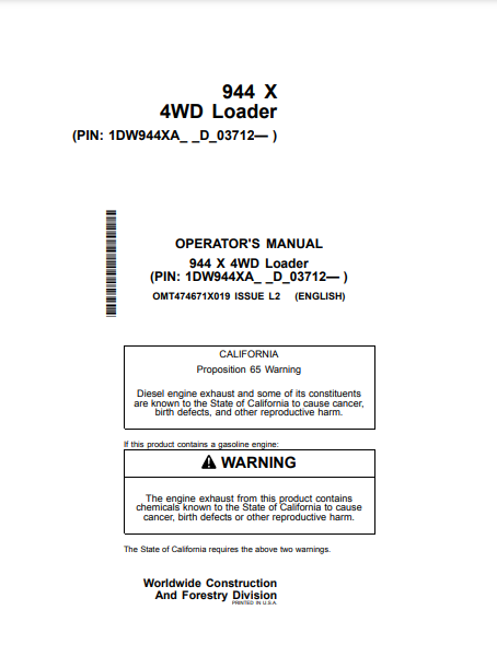  Access the John Deere 944 X Construction Loader operator manual (OMT474671X019) for detailed guidance and maintenance tips to optimize your machine's efficiency.