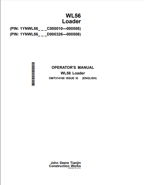  Access the John Deere WL56 Construction Loader operator manual (OMT314168) for essential guidelines and tips to maximize your loader's performance and safety.