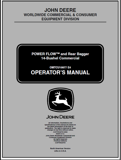 John Deere 14-Bushel Commercial Rear Bagger And Power Flow Manual OMTCU19977