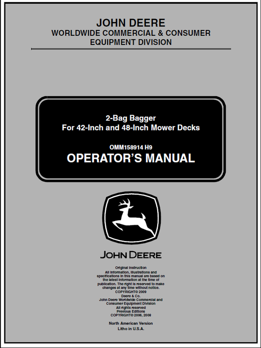 John Deere 2-Bag Bagger For 42-Inch And 48-Inch Mower Deck Manual OMM158914