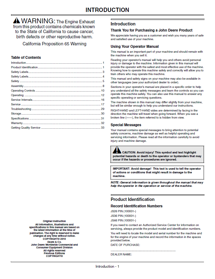 John Deere JS26, JS36, JS46 Walk-Behind Mower Operator's Manual OMGX24127