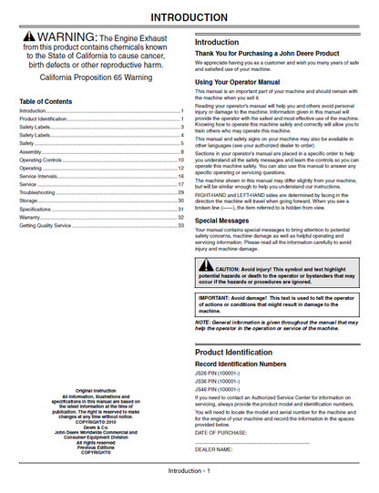 John Deere JS26, JS36, JS46 Walk-Behind Mower Operator's Manual OMGX24127