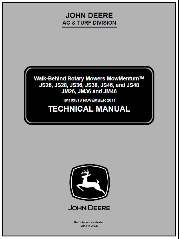 John Deere JS36, JS38, JS46, JM46 Walk Behind Rotary Mower Mow Mentum Manual TM109519 