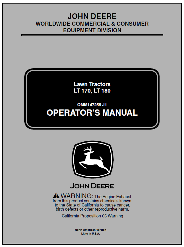 John Deere LT170 LT180 Lawn Tractor Manual OMM147259 