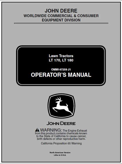 John Deere LT170 LT180 Lawn Tractor Manual OMM147259 