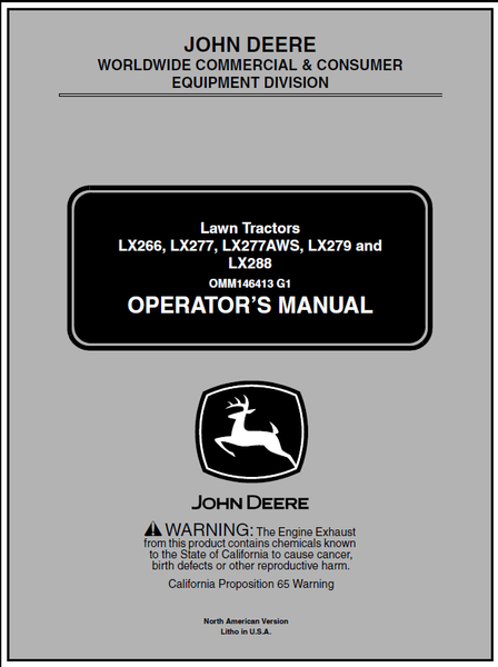 John Deere LX266, LX277, LX277AWS, LX279, LX288 Lawn Tractor (SN.060001) Manual OMM146413 