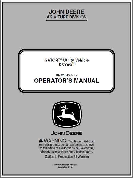John Deere RSX 850i Gator Utility Vehicle Manual OMM164565