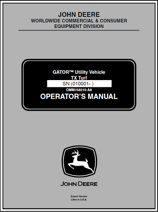 John Deere TX Turf Gator Utility Vehicle (SN.010001) Manual OMM158210