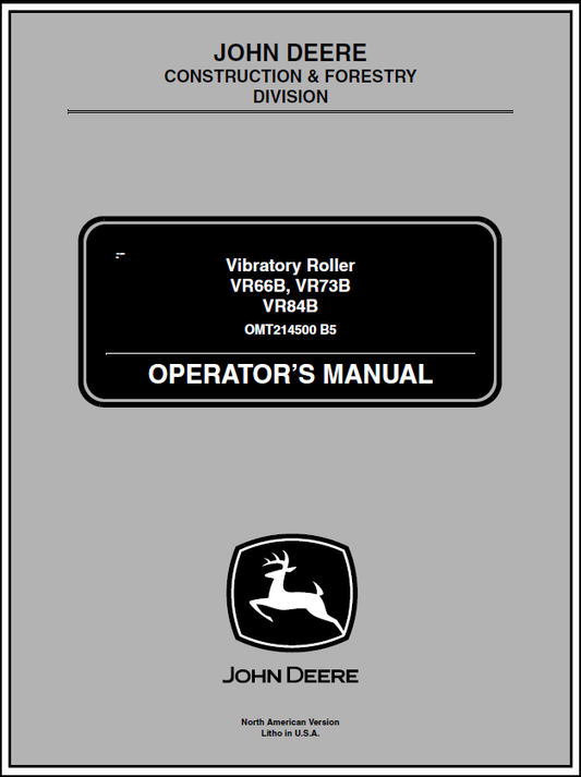 John Deere VR66B, VR73B, VR84B Vibratory Roller Manual OMT214500