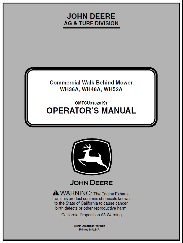 John Deere WH36A, WH48A, WH52A Commercial Walk-Behind Mower Manual OMTCU31828