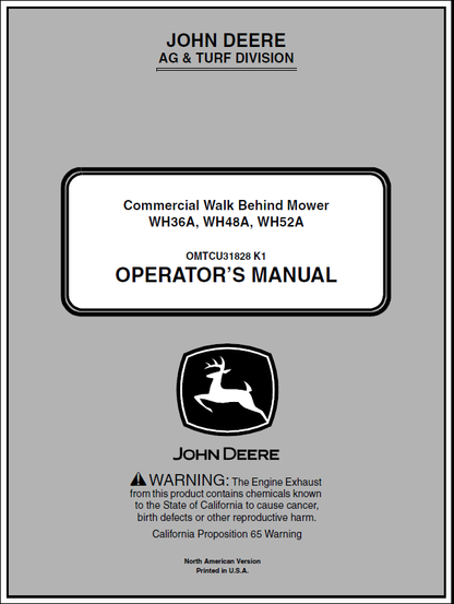 John Deere WH36A, WH48A, WH52A Commercial Walk-Behind Mower Manual OMTCU31828