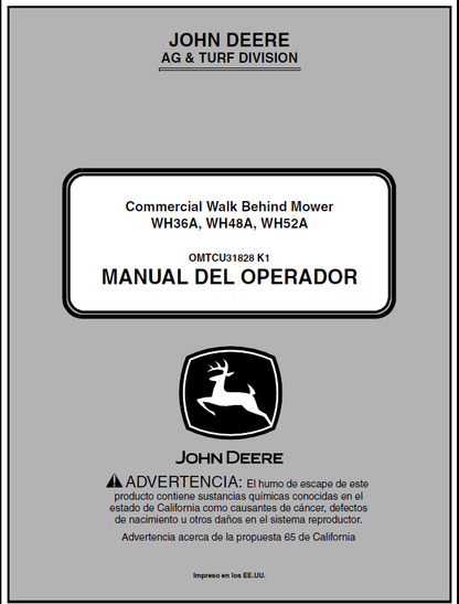 John Deere WH36A, WH48A, WH52A Commercial Walk-Behind Mower Manual OMTCU31828 