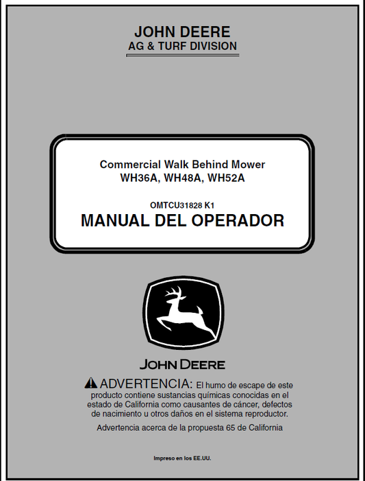 John Deere WH36A, WH48A, WH52A Commercial Walk-Behind Mower Manual OMTCU31828 