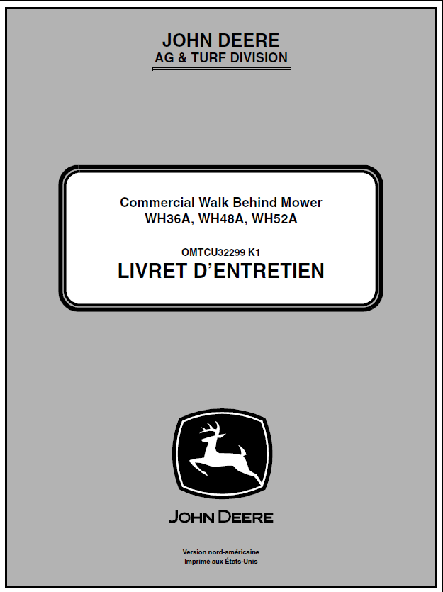 John Deere WH36A, WH48A, WH52A Commercial Walk-Behind Mower Manual OMTCU32299 