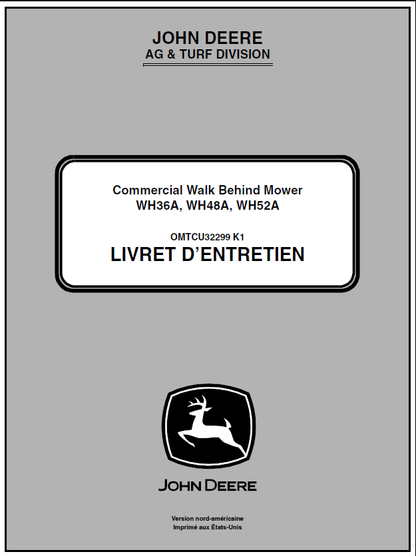 John Deere WH36A, WH48A, WH52A Commercial Walk-Behind Mower Manual OMTCU32299 