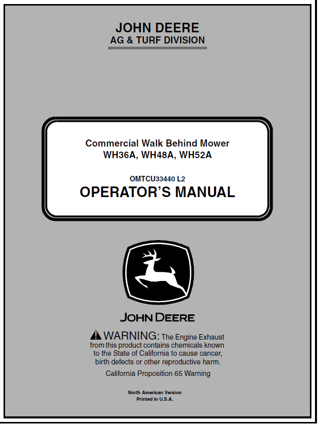 John Deere WH36A, WH48A, WH52A Commercial Walk-Behind Mower Manual OMTCU33440 