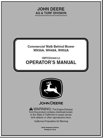 John Deere WH36A, WH48A, WH52A Commercial Walk-Behind Mower Manual OMTCU33440 