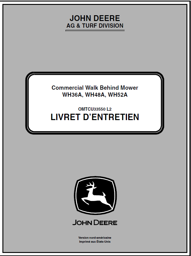 John Deere WH36A, WH48A, WH52A Commercial Walk-Behind Mower Manual OMTCU33550 