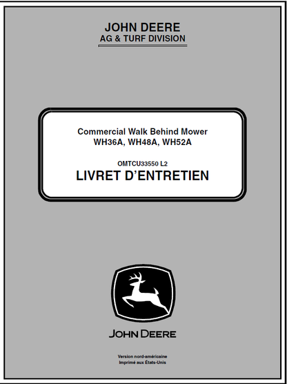 John Deere WH36A, WH48A, WH52A Commercial Walk-Behind Mower Manual OMTCU33550 