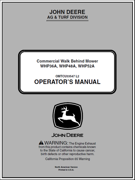John Deere WHP36A, WHP48A, WHP52A Commercial Walk-Behind Mower Manual 