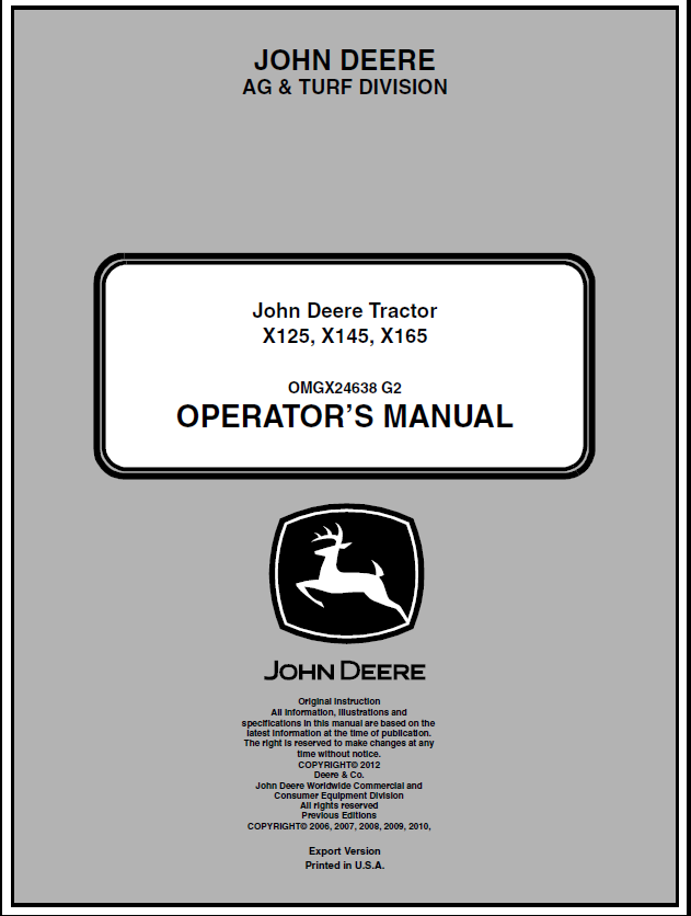 John Deere X125, X145, X165 Lawn and Garden Tractor Manual 