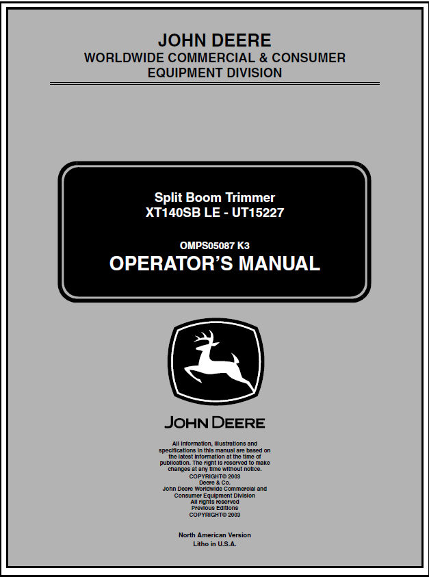 John Deere XT140SB LE Split Boom Trimmer (UT15227) Manual OMPS05087