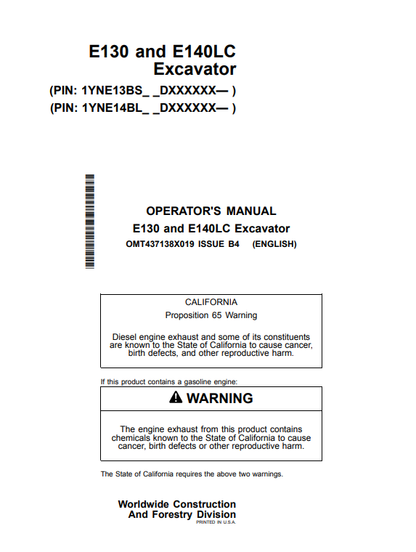 Access the operator manual for John Deere E130 and E140LC excavators. Find detailed instructions and tips to optimize your construction equipment performance.