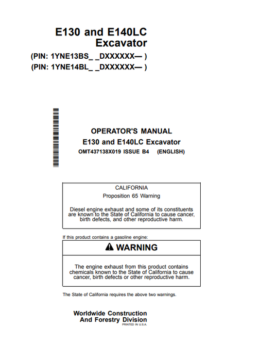 Access the operator manual for John Deere E130 and E140LC excavators. Find detailed instructions and tips to optimize your construction equipment performance.