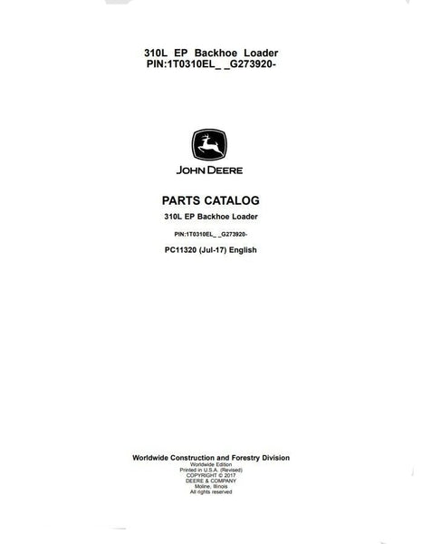 PC11320 - John Deere 310L EP Backhoe Loader Parts Catalogue Manual (Engine 4045HT072) (PIN: 1T0310EL_ _G273920-329327)