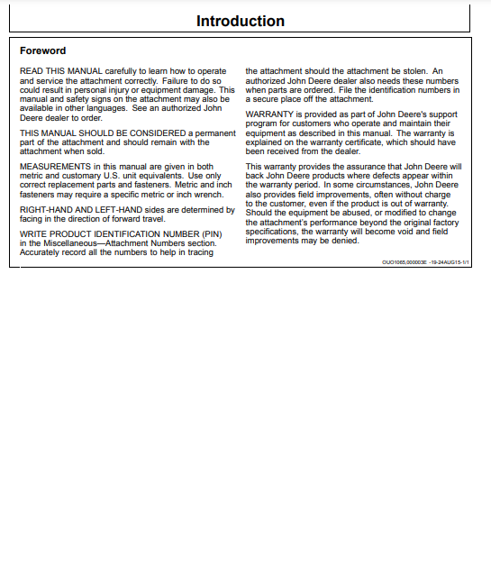 JOHN DEERE MH60 MH60C Construction Worksite Pro™ Attachments OPERATOR MANUAL - OMT250026