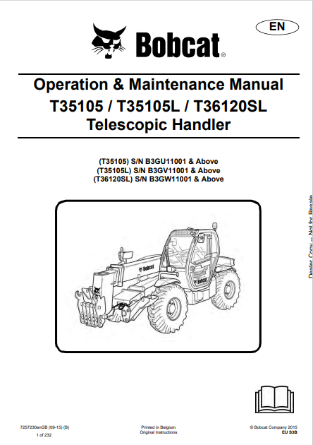 Discover the comprehensive operation and maintenance manual for BOBCAT T35105, T35105L, and T36120SL telescopic handlers. Download the PDF now!