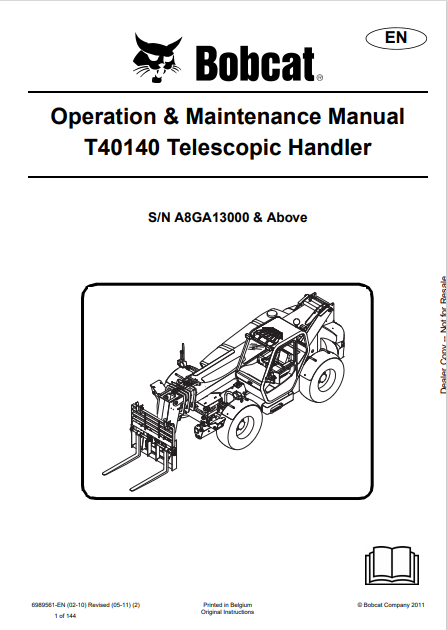  Discover the comprehensive operation and maintenance manual for the BOBCAT T40140 telescopic handler. Download the PDF file for essential insights and guidelines.