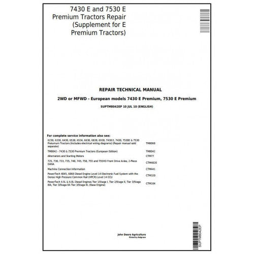 JOHN DEERE 7430E TRACTOR PREMIUM (EUROPEAN) SUPPLEMENT FOR REPAIR TECHNICAL MANUAL SUPTM8042EP - PDF FILE