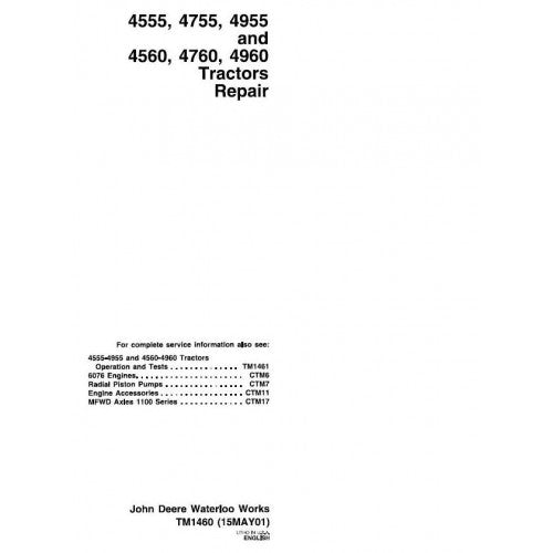 JOHN DEERE 4960 TRACTOR REPAIR TECHNICAL MANUAL TM1460 - PDF FILE