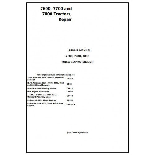 JOHN DEERE 7700 2WD OR MFWD TRACTOR REPAIR TECHNICAL MANUAL TM1500 - PDF FILE