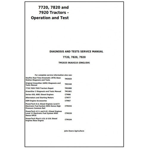 JOHN DEERE 7920 TRACTOR DIAGNOSIS & TESTS SERVICE MANUAL TM2025 - PDF FILE