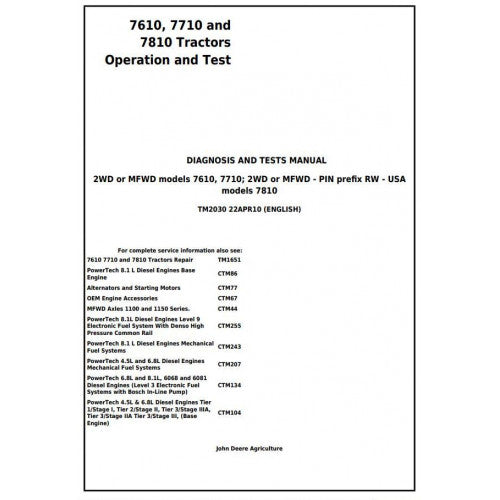 JOHN DEERE 7810 (USA) TRACTOR DIAGNOSIS & TESTS SERVICE MANUAL TM2030 - PDF FILE