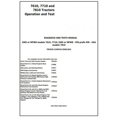 JOHN DEERE 7810 (USA) TRACTOR DIAGNOSIS & TESTS SERVICE MANUAL TM2030 - PDF FILE