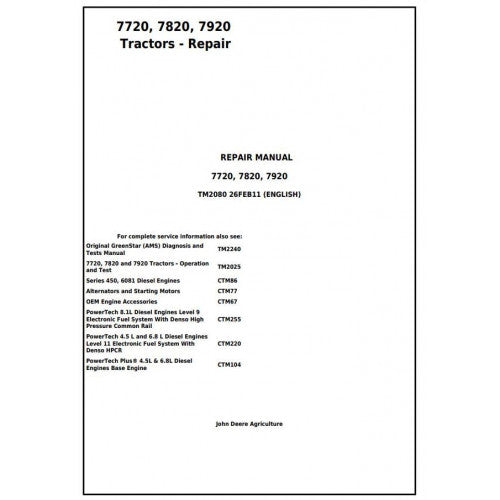 JOHN DEERE 7920 TRACTOR SERVICE REPAIR MANUAL TM2080 - PDF FILE