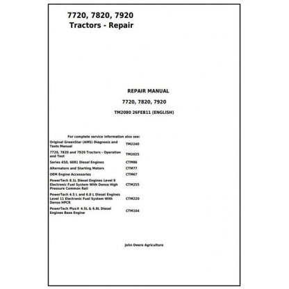 JOHN DEERE 7920 TRACTOR SERVICE REPAIR MANUAL TM2080 - PDF FILE