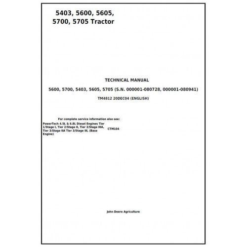 JOHN DEERE 5403 BRAZIL TRACTOR TECHNICAL MANUAL TM4812 - PDF FILE