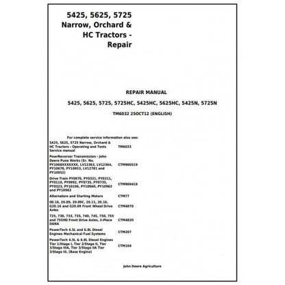 JOHN DEERE 5425N TRACTOR REPAIR TECHNICAL MANUAL TM6032 - PDF FILE